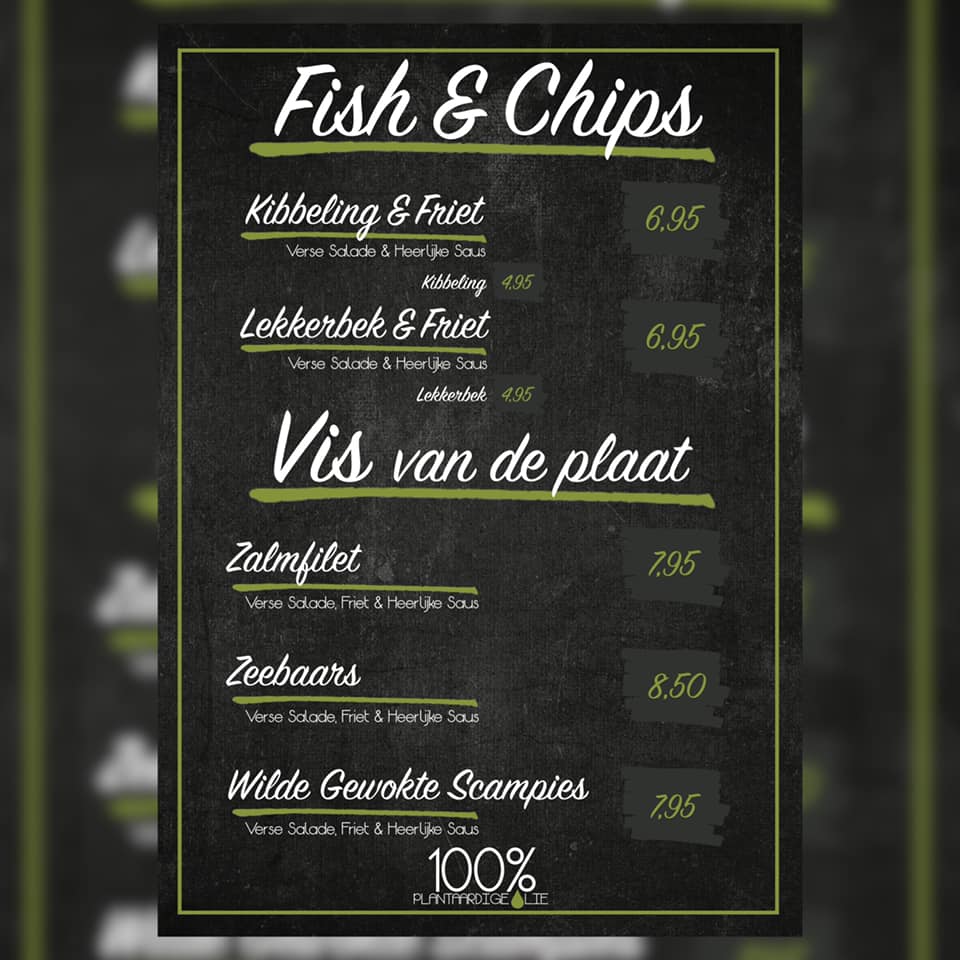 the Foodbar Middelburg- Ons menu Fish & Chips , maaltijden, juice, ovenschalen